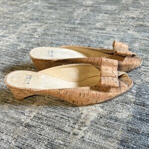 Stuart Weitzman Tan Cork low Wedge Shoes with Bow and peep toe - size 8